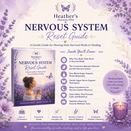 Heather's Heavenly Nervous System Reset Guide digital wellness ebook cover in lavender theme with botanical accents and butterfly logo